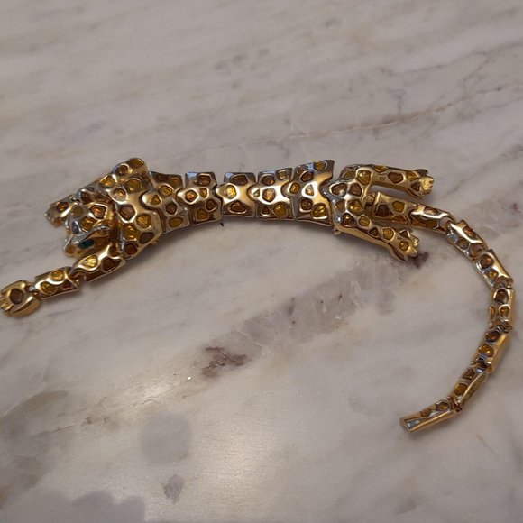 Vintage Articulated Over The Shoulder Leopard Brooch Gold Tone With Amber Stones - Picture 3 of 15